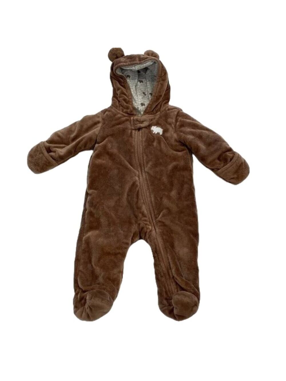 Unisex Brown Bear Fleece Outerwear, Bunting, One-Piece, Hooded Romper 6-9 Mos.